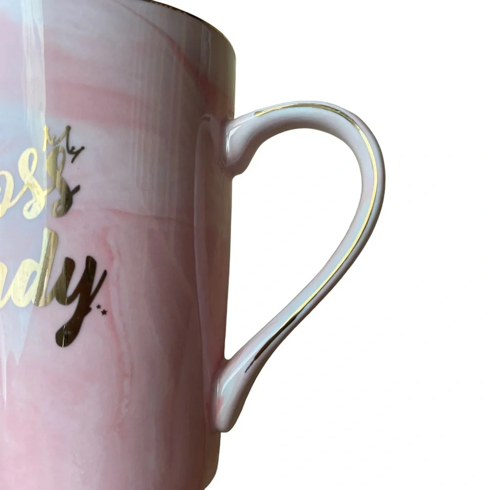 Boss Lady Ceramic Mug With Lid and Long Spoon Pink and White Marble 14 oz. - Picture 10 of 12